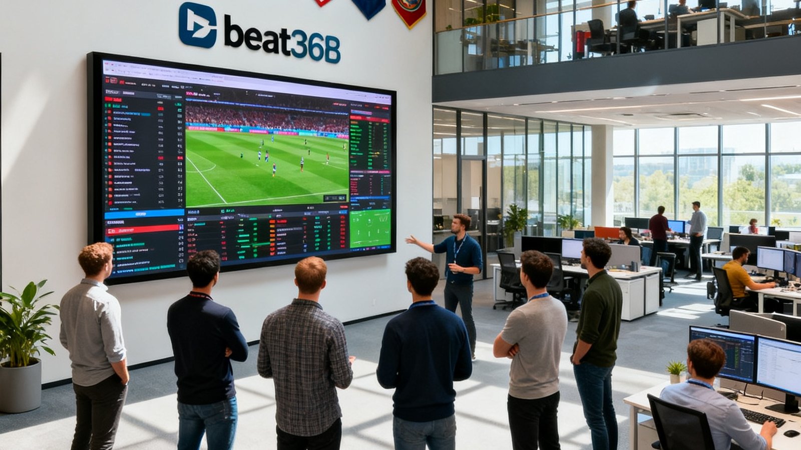 beat365公司总部开放式办公区域，数十名工程师在宽屏幕前分析赛事数据，墙上挂满各大联赛旗帜