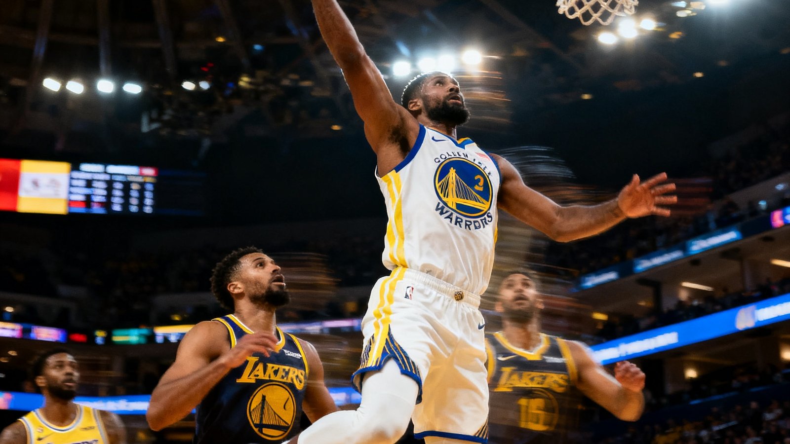 洛杉矶湖人队与金州勇士队在NBA常规赛中激烈对抗的直播画面，球员正在突破上篮